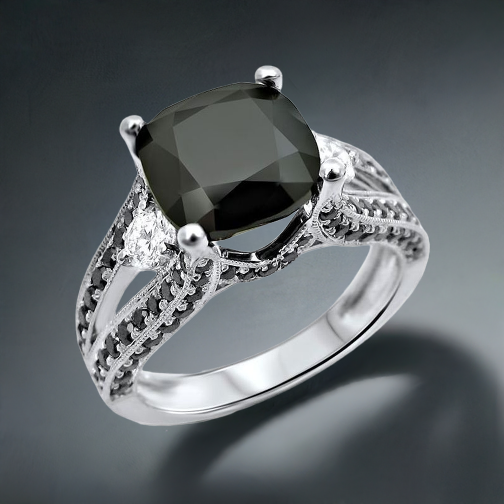 4ct Black 3 Stone Cushion Cut Diamond Engagement Ring 14k Solid White Gold
