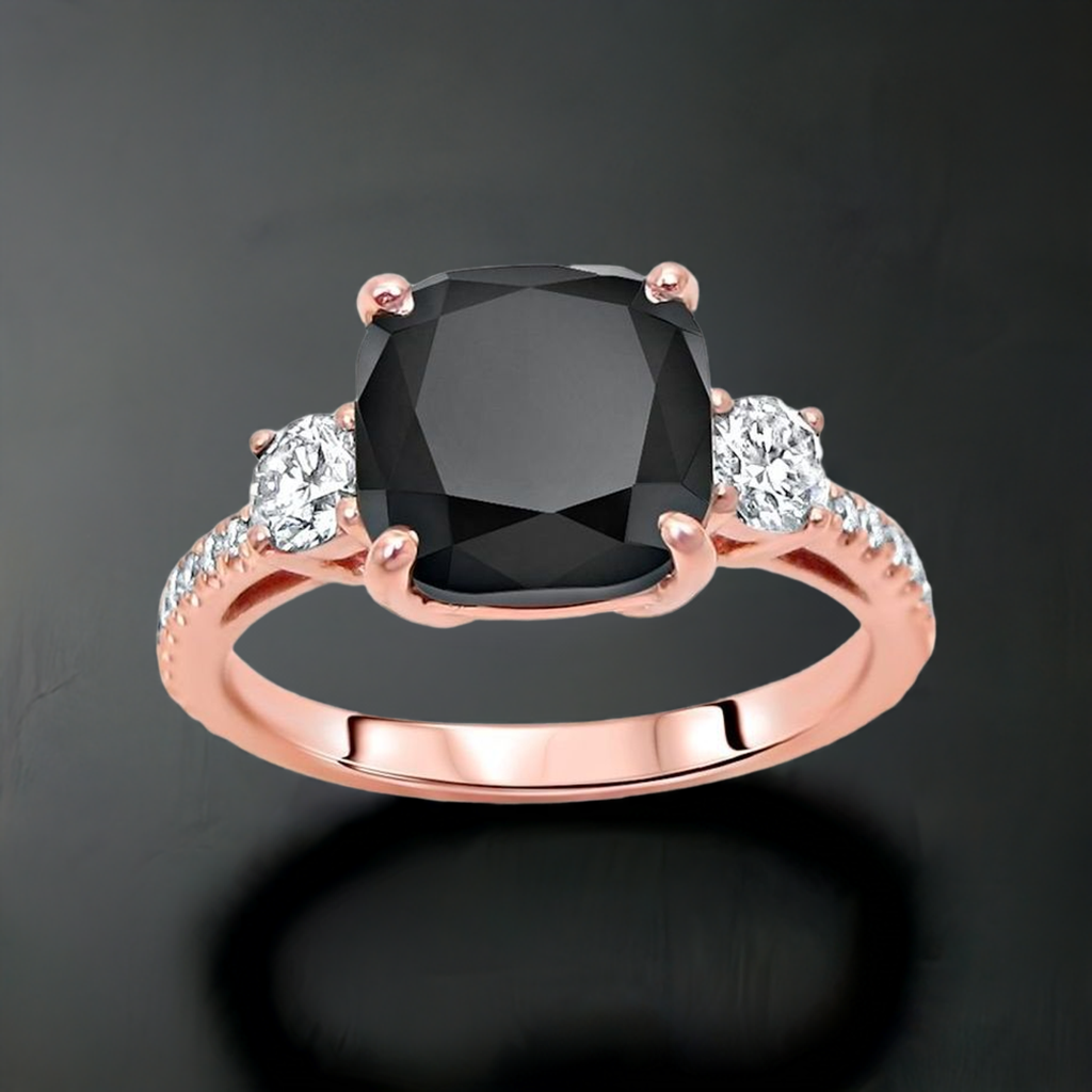 3.50ct 3 Stone Cushion Cut Black Diamond Engagement Ring 14K Solid Rose Gold