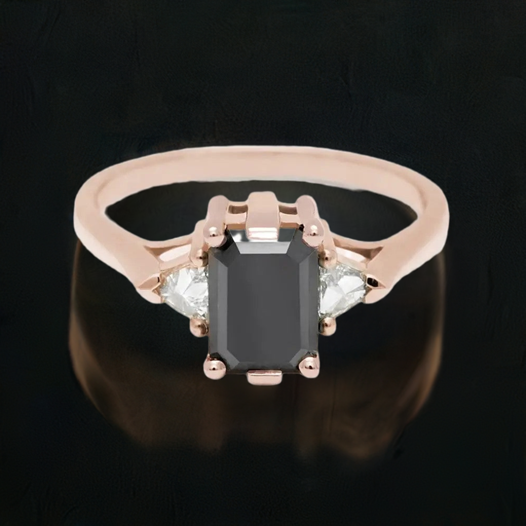 Trillion Three Stone Emerald Black Diamond Ring 14K Rose Gold