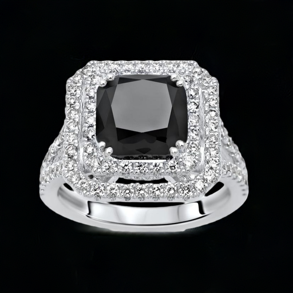 3.50ct Black Cushion Cut Diamond Double Halo Engagement Ring 18K Solid White Gold