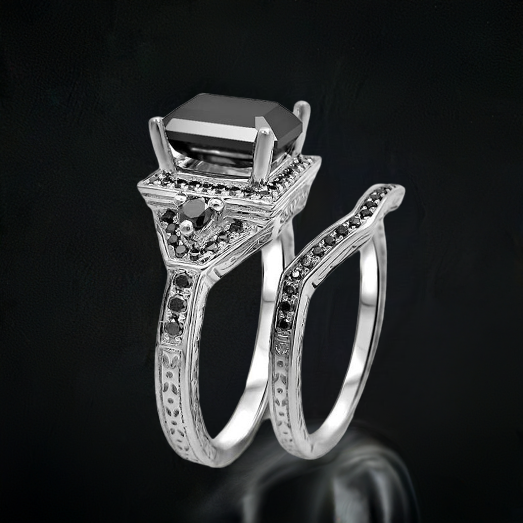 2.50ct Black Emerald Cut Diamond Engagement Ring Bridal Set 14k White Gold