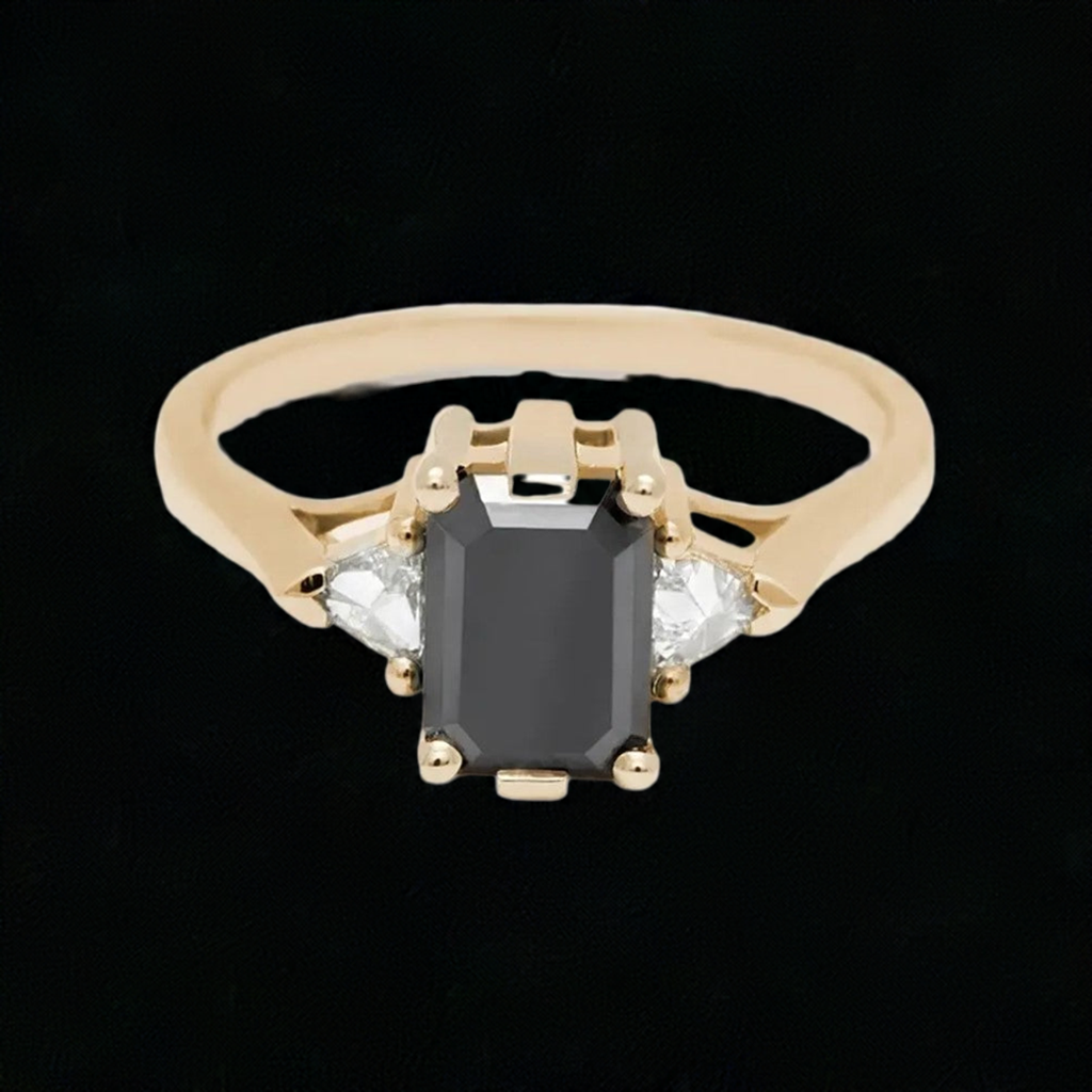 Trillion Three Stone Emerald Black Diamond Ring 14K Rose Gold