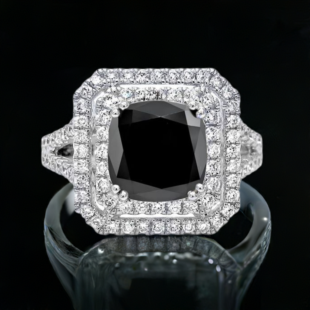 3.50ct Black Cushion Cut Diamond Double Halo Engagement Ring 18K Solid White Gold