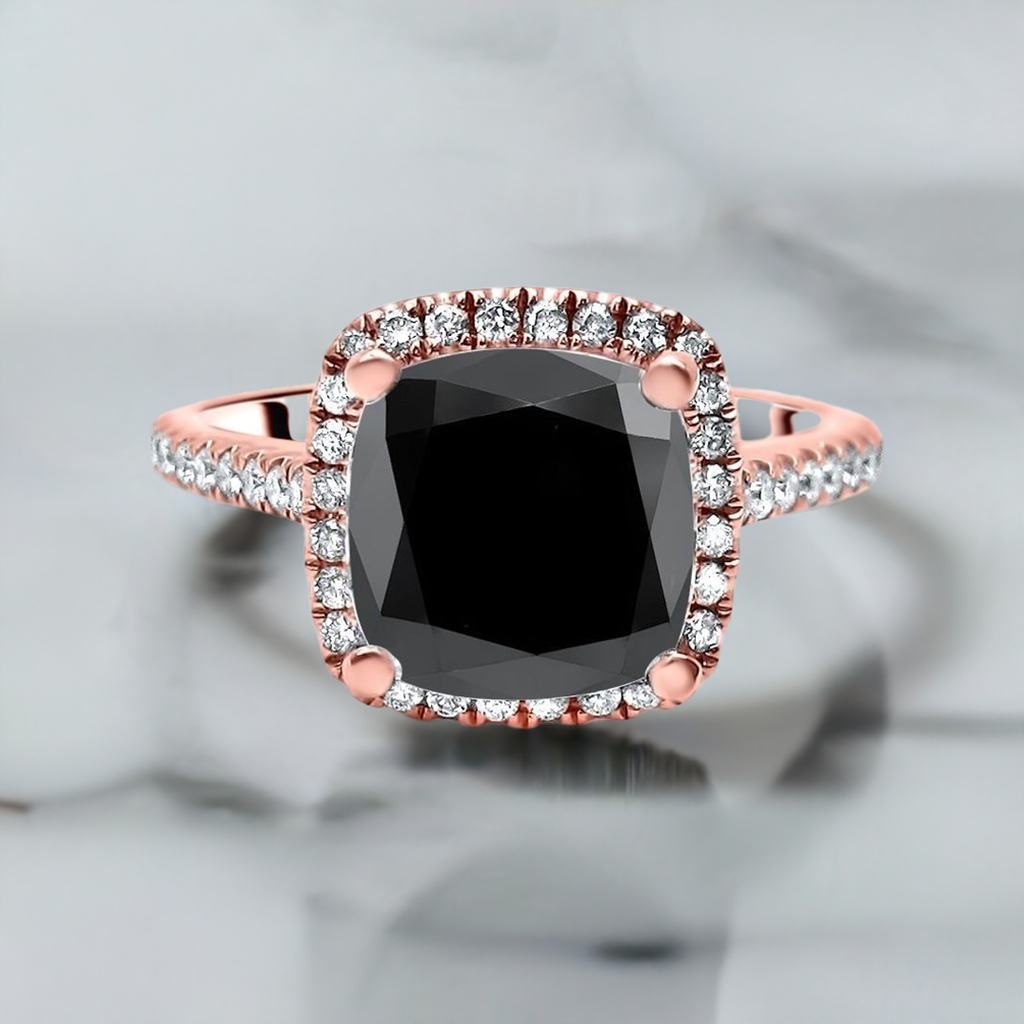 3ct Cushion Cut Black Diamond Halo Engagement Ring 14K Solid Gold