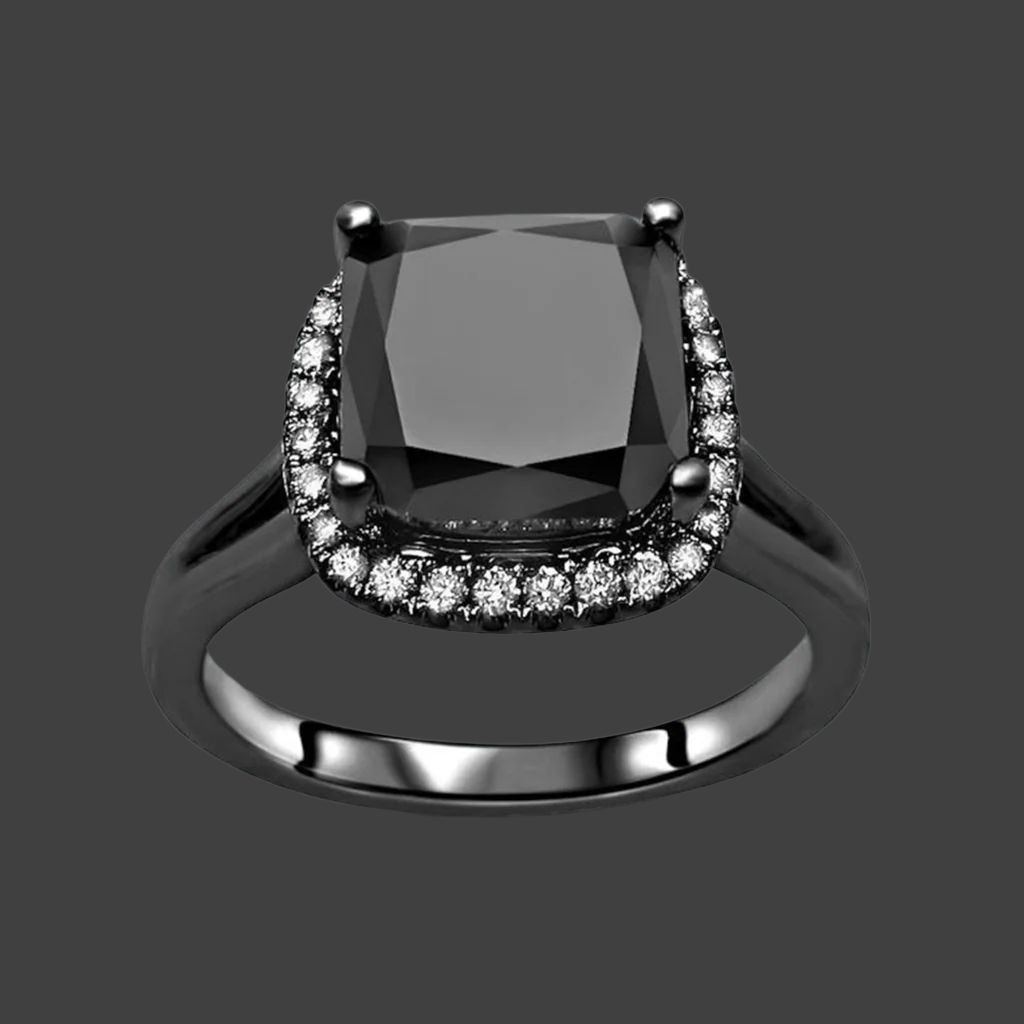 2.90ct Cushion Cut Black Diamond Split Shank Engagement Ring 14K Solid Black Gold