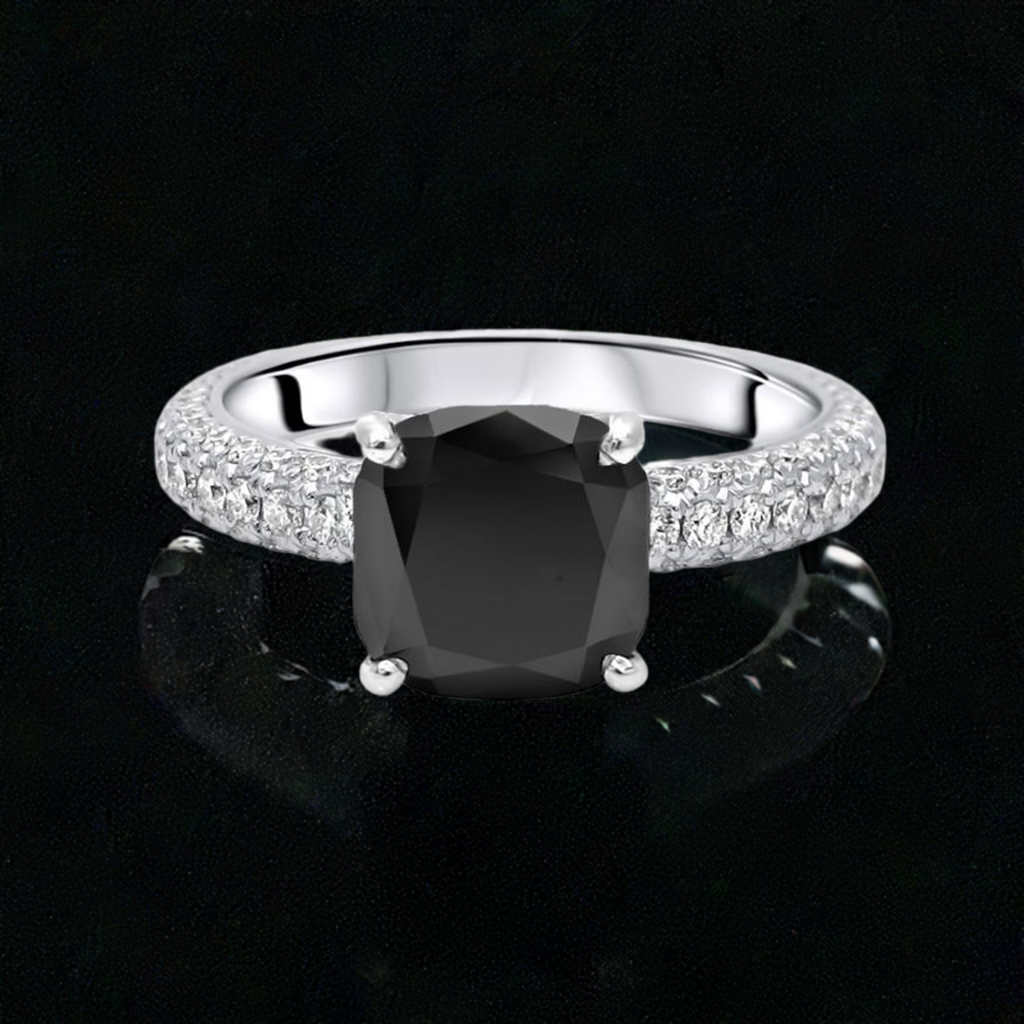 3.50 Carat Cushion Cut Black Diamond Pave Engagement Ring 14K Solid White Gold