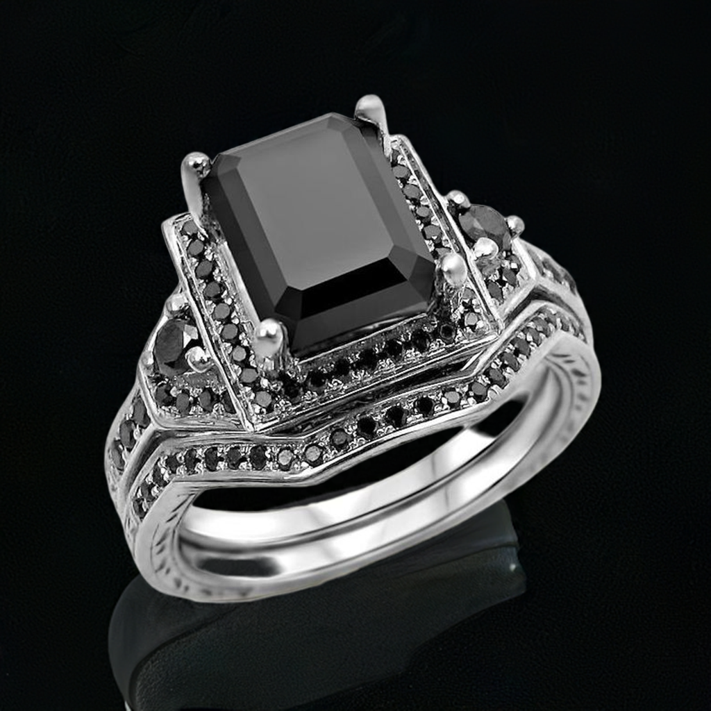 2.50ct Black Emerald Cut Diamond Engagement Ring Bridal Set 14k White Gold