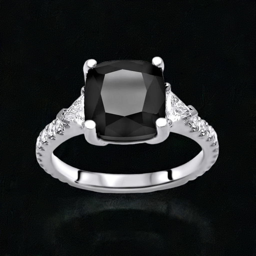3.50ct Black 3 Stone Cushion Cut 3 Stone Trillion Diamond Engagement Ring 14K Solid White Gold