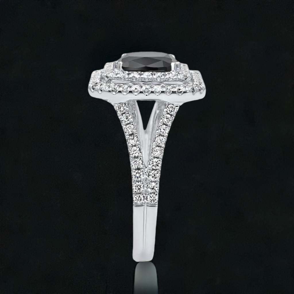 3.50ct Black Cushion Cut Diamond Double Halo Engagement Ring 18K Solid White Gold