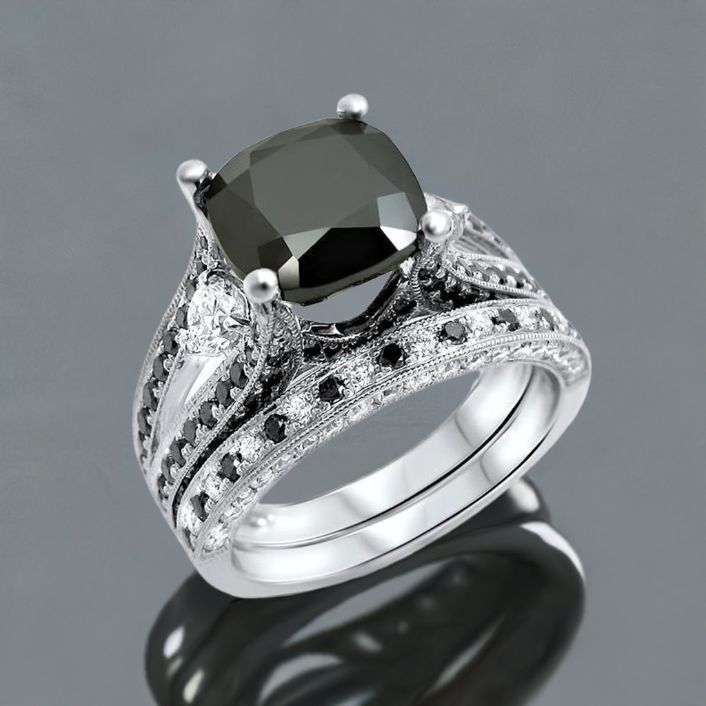 4.80ct Black Diamond Cushion Cut Engagement Ring Bridal Set 14k White Gold