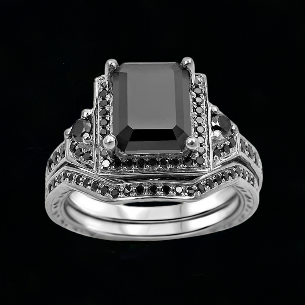2.50ct Black Emerald Cut Diamond Engagement Ring Bridal Set 14k White Gold