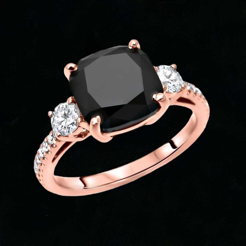 3.50ct 3 Stone Cushion Cut Black Diamond Engagement Ring 14K Solid Rose Gold