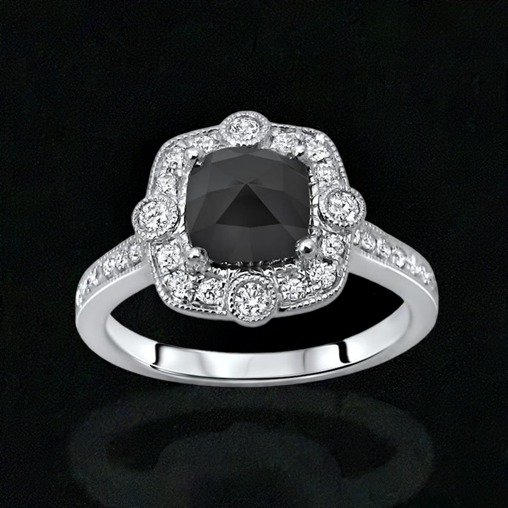 1ct Cushion Cut Black Diamond Engagement Ring 14K Solid White Gold
