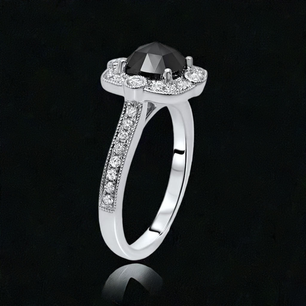 1ct Cushion Cut Black Diamond Engagement Ring 14K Solid White Gold