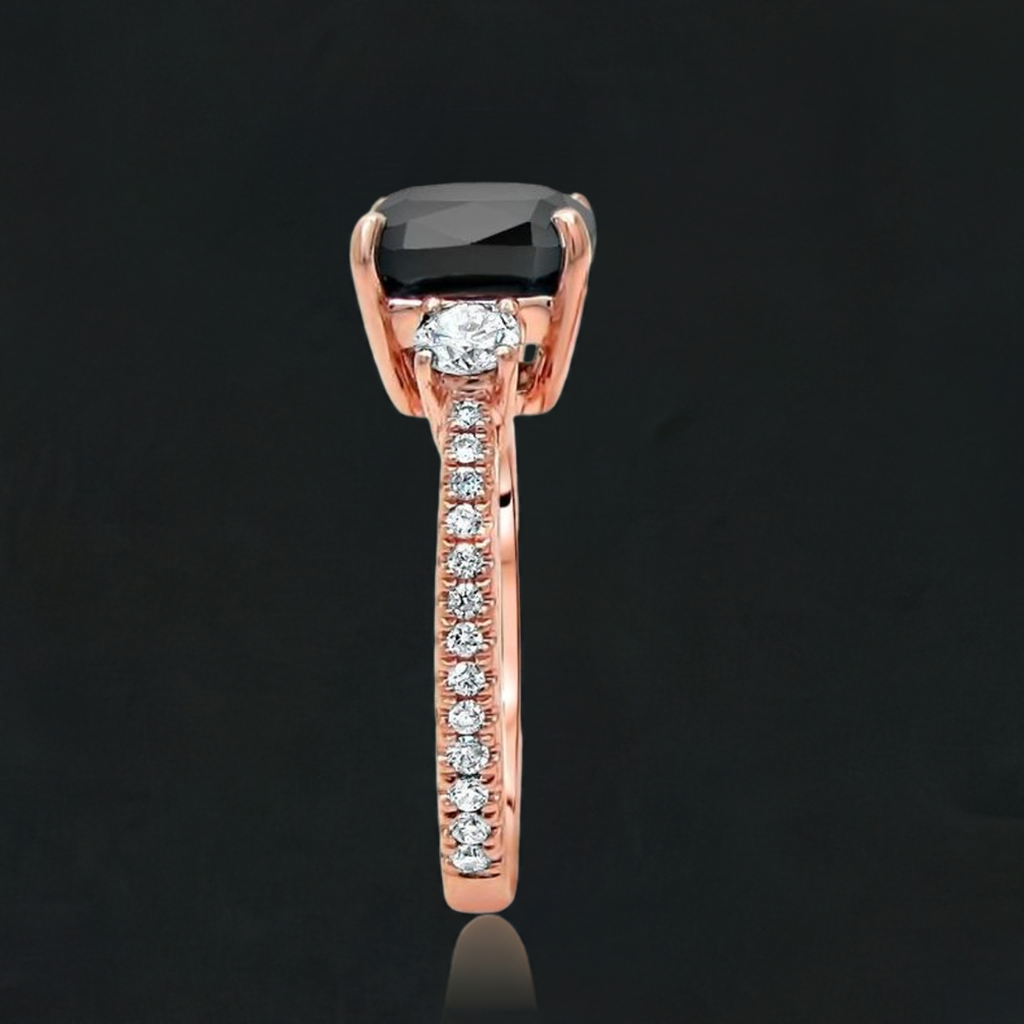 3.50ct 3 Stone Cushion Cut Black Diamond Engagement Ring 14K Solid Rose Gold