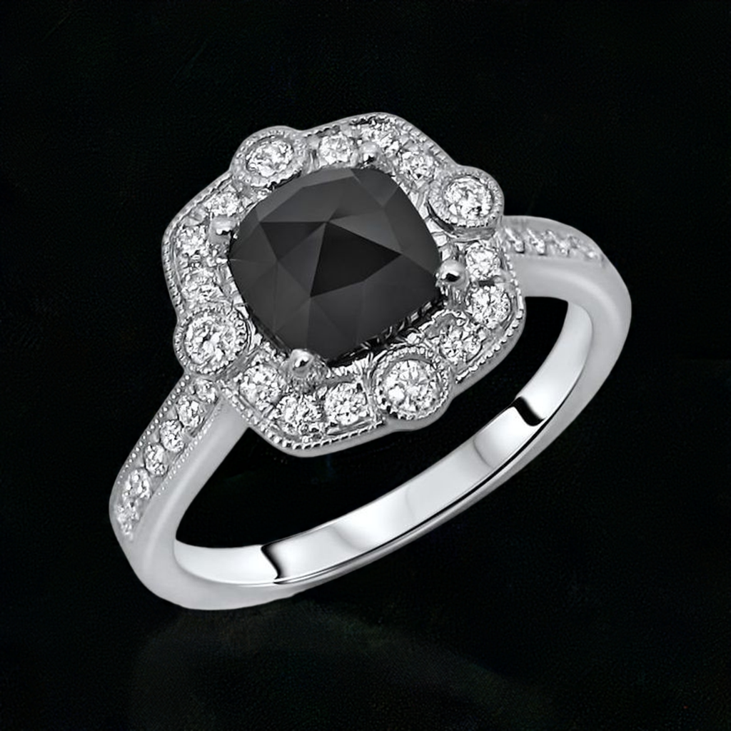 1ct Cushion Cut Black Diamond Engagement Ring 14K Solid White Gold