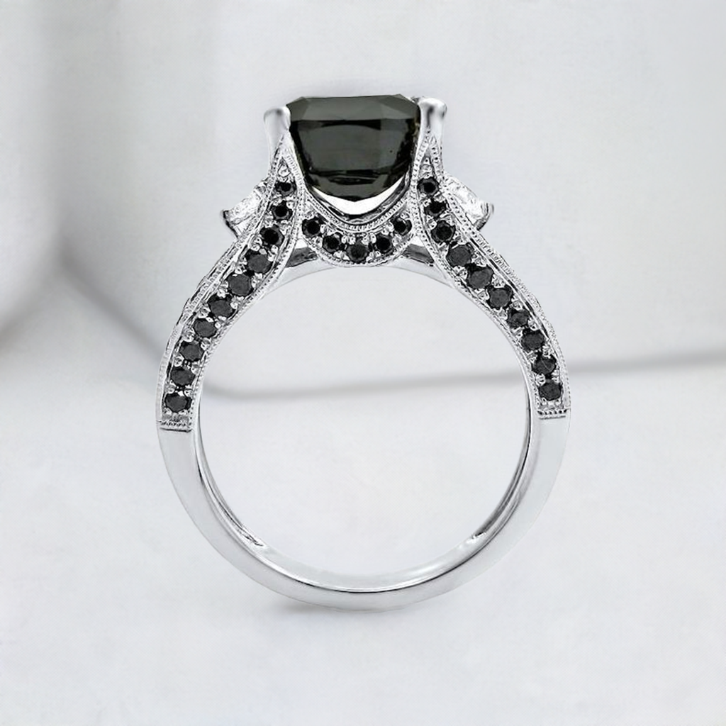 4.80ct Black Diamond Cushion Cut Engagement Ring Bridal Set 14k White Gold