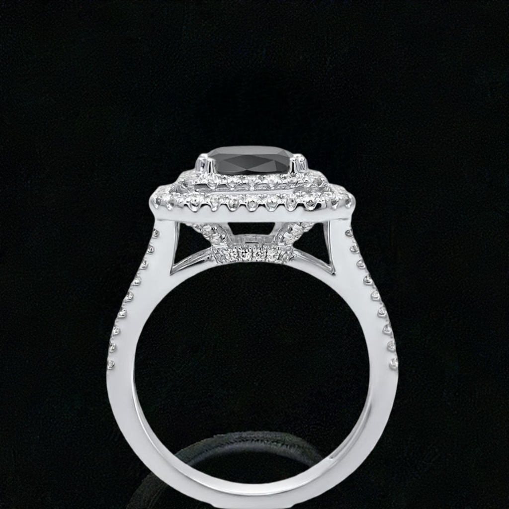 3.50ct Black Cushion Cut Diamond Double Halo Engagement Ring 18K Solid White Gold