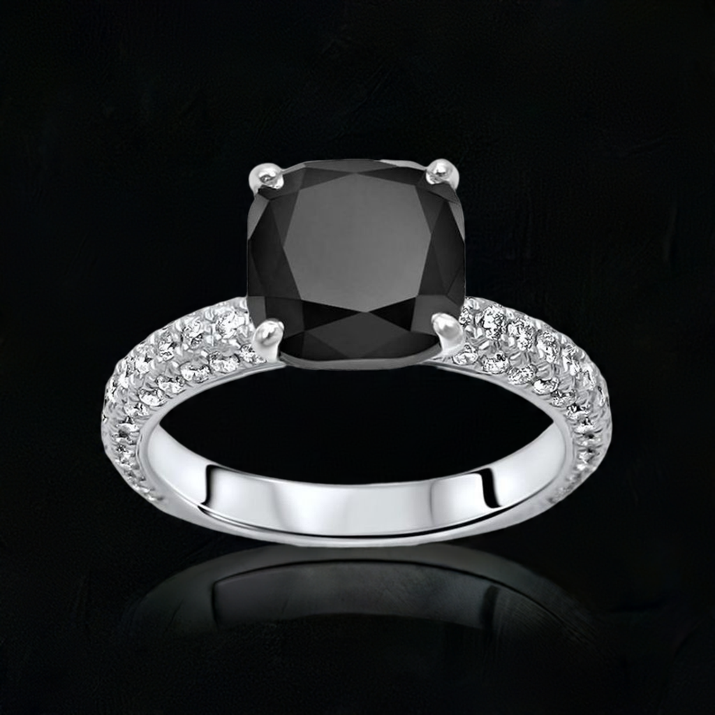3.50 Carat Cushion Cut Black Diamond Pave Engagement Ring 14K Solid White Gold