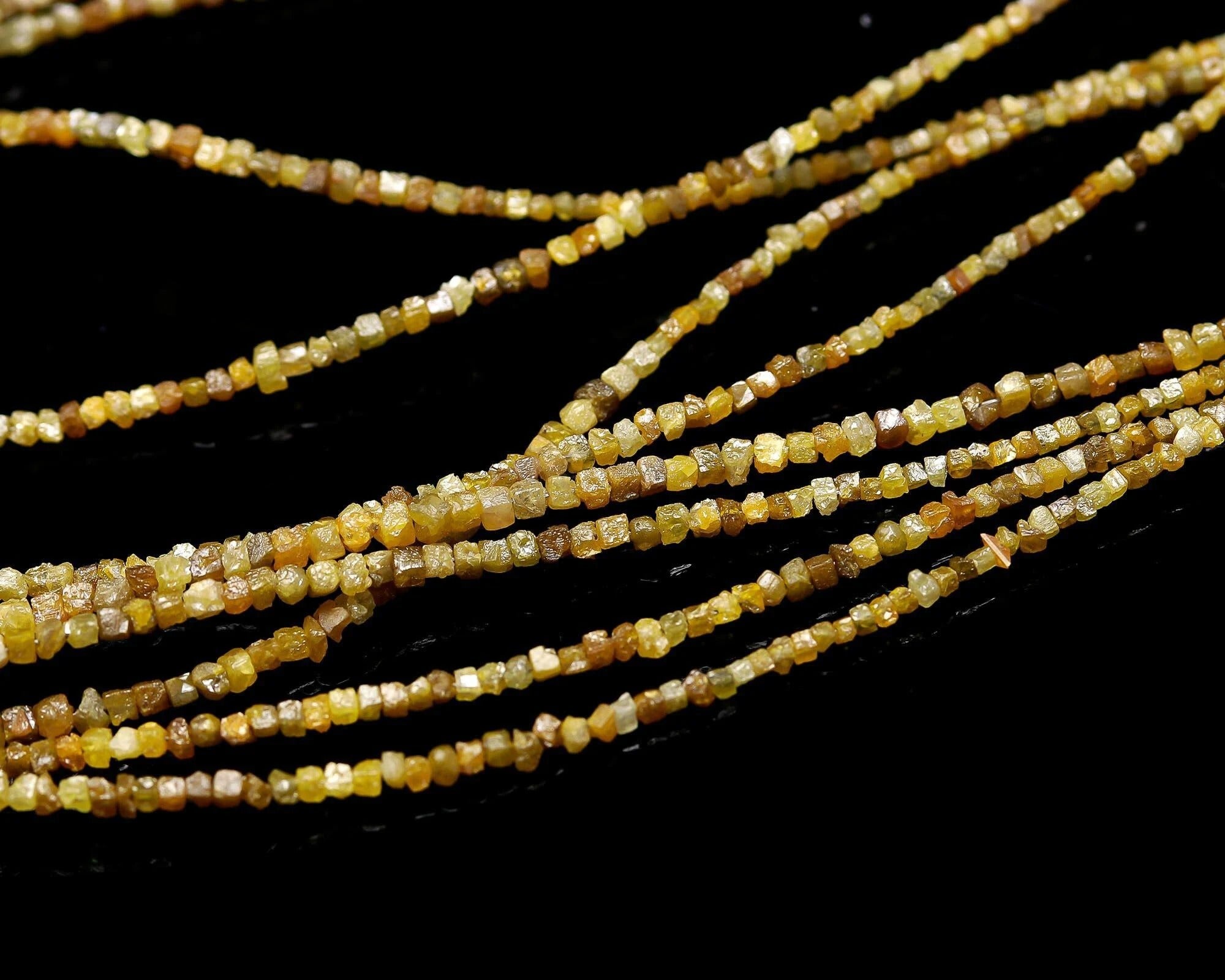 Natural Uncut Yellow Diamond Cube Beads Raw Diamond Strand 1.5-2 mm