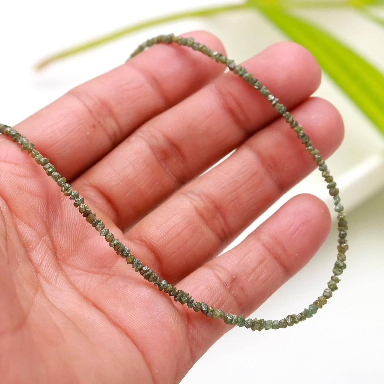 16 inch Raw Green Diamond Beads Nugget Necklace 925 Sterling Silver