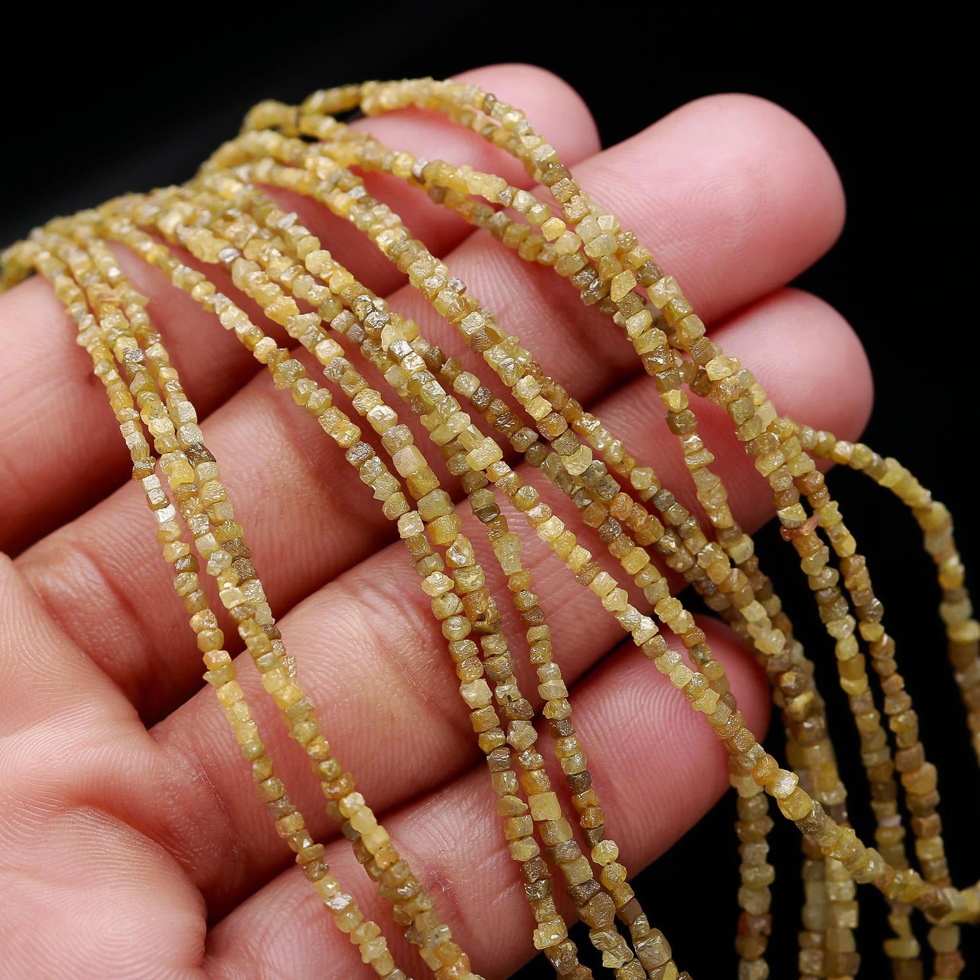 Natural Uncut Yellow Diamond Cube Beads Raw Diamond Strand 1.5-2 mm