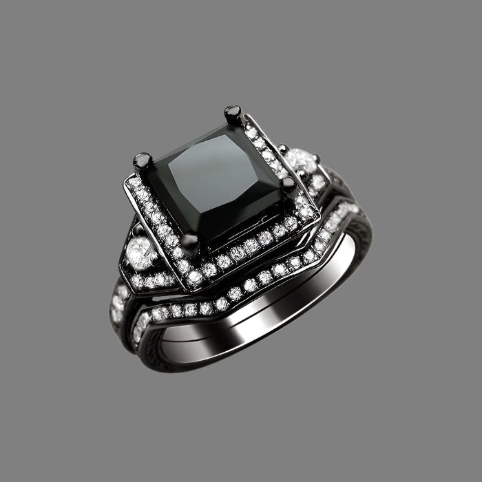 2 Carat Natural Black Princess Cut Diamond Engagement Ring Bridal Set 14K Black Gold