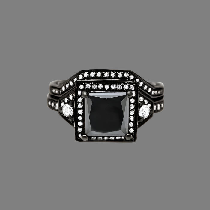 2 Carat Natural Black Princess Cut Diamond Engagement Ring Bridal Set 14K Black Gold
