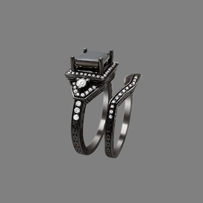 2 Carat Natural Black Princess Cut Diamond Engagement Ring Bridal Set 14K Black Gold