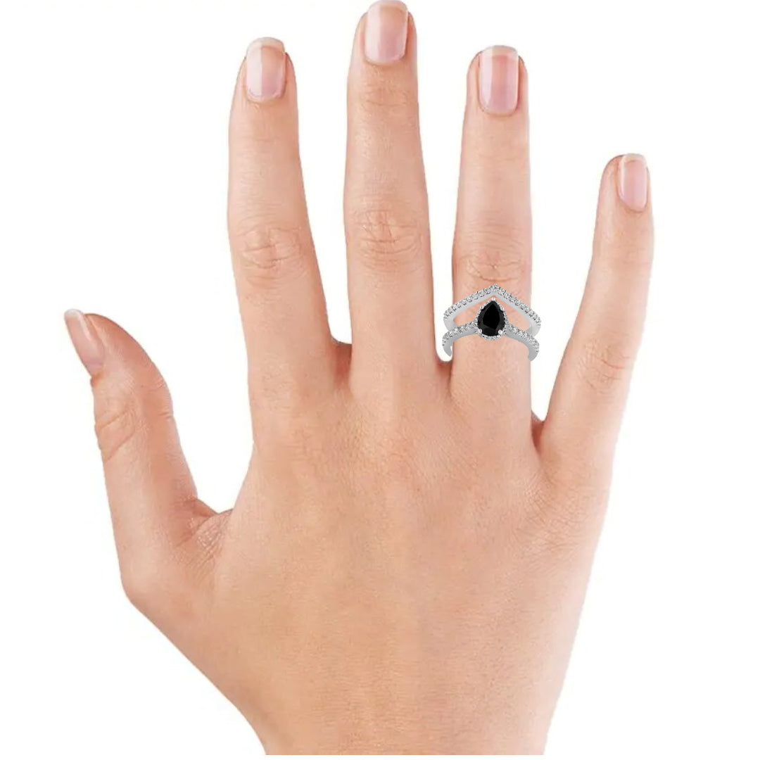 1ct Pear Shape Black and White Diamond Ring Set 14k Gold - Blackdiamond