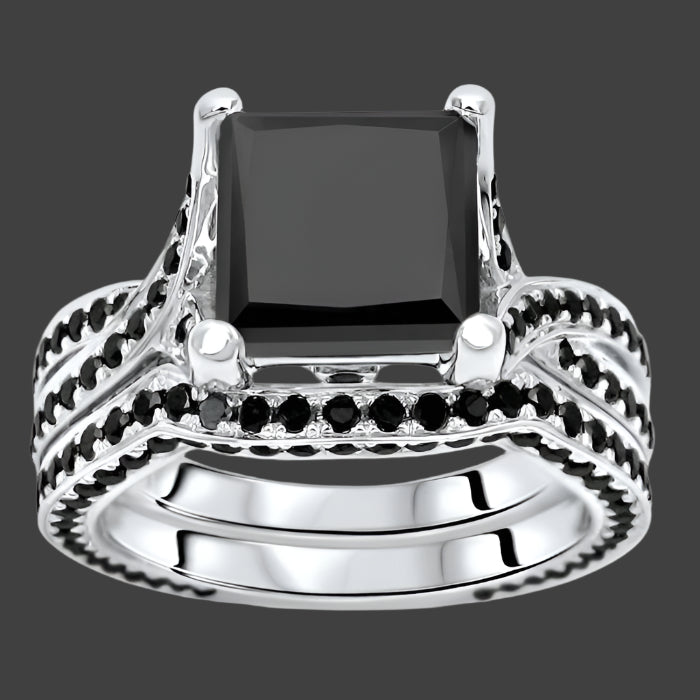 4.30 Carat Black Princess Cut Diamond Engagement Ring Bridal Set 14K White Gold