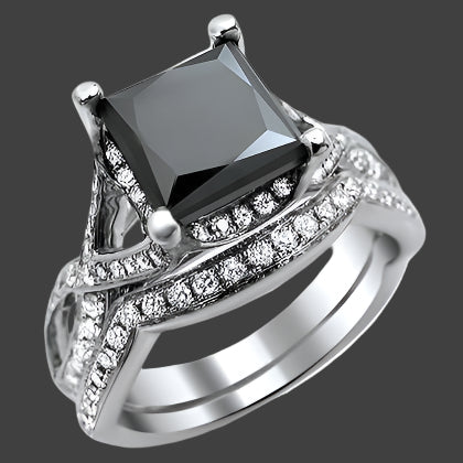 Natural princess black diamond ring with wedding band