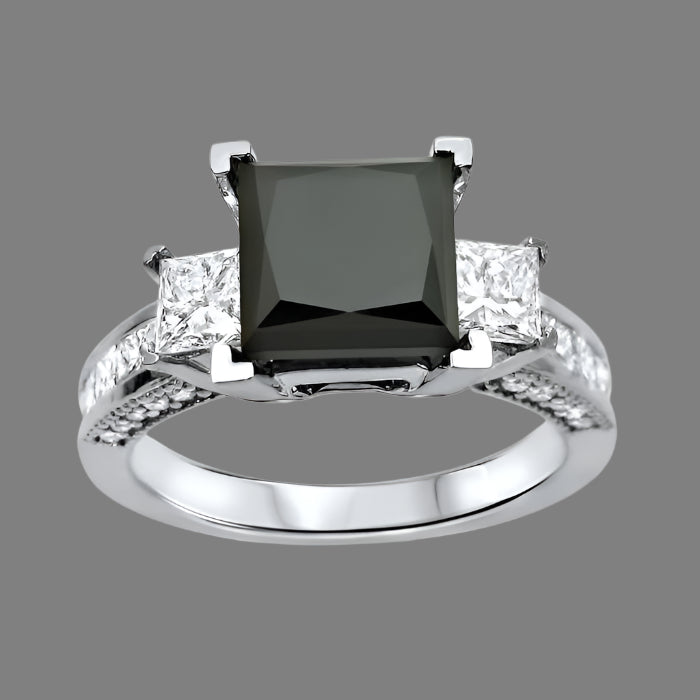 3.56 Carat Black 3 Stone Princess Cut Diamond Engagement Ring 14K White Gold