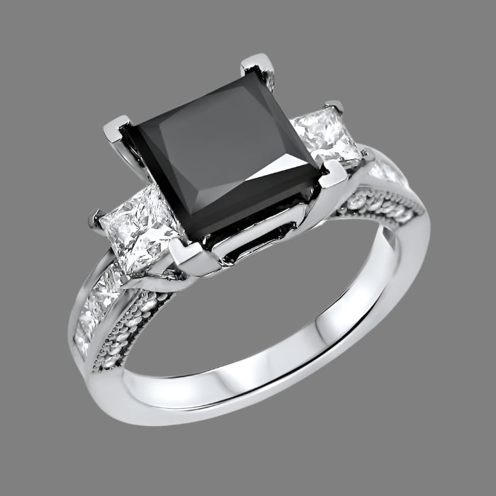3.56 Carat Black 3 Stone Princess Cut Diamond Engagement Ring 14K White Gold