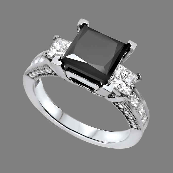 3.56 Carat Black 3 Stone Princess Cut Diamond Engagement Ring 14K White Gold