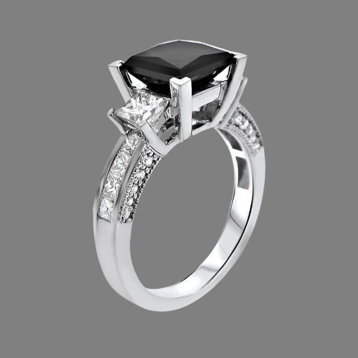 3.56 Carat Black 3 Stone Princess Cut Diamond Engagement Ring 14K White Gold