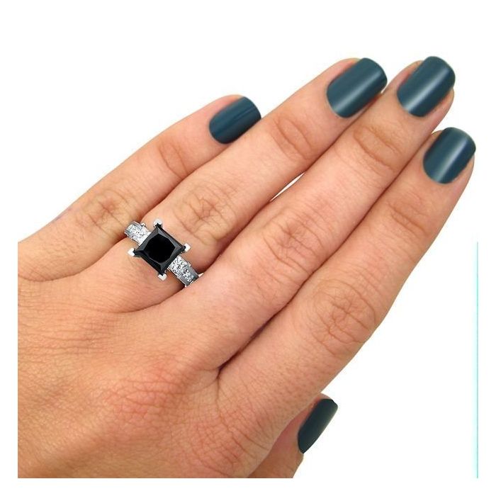 3.56 Carat Black 3 Stone Princess Cut Diamond Engagement Ring 14K White Gold
