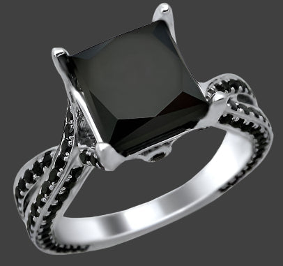 4 Carat Black Princess Cut Diamond Engagement Ring 14k White Gold
