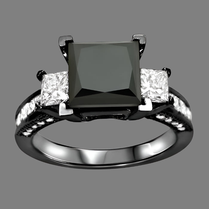 3.56 Carat Black 3 Stone Princess Cut Diamond Engagement Ring 14K Black Gold