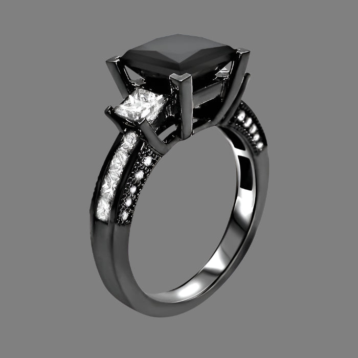 3.56 Carat Black 3 Stone Princess Cut Diamond Engagement Ring 14K Black Gold