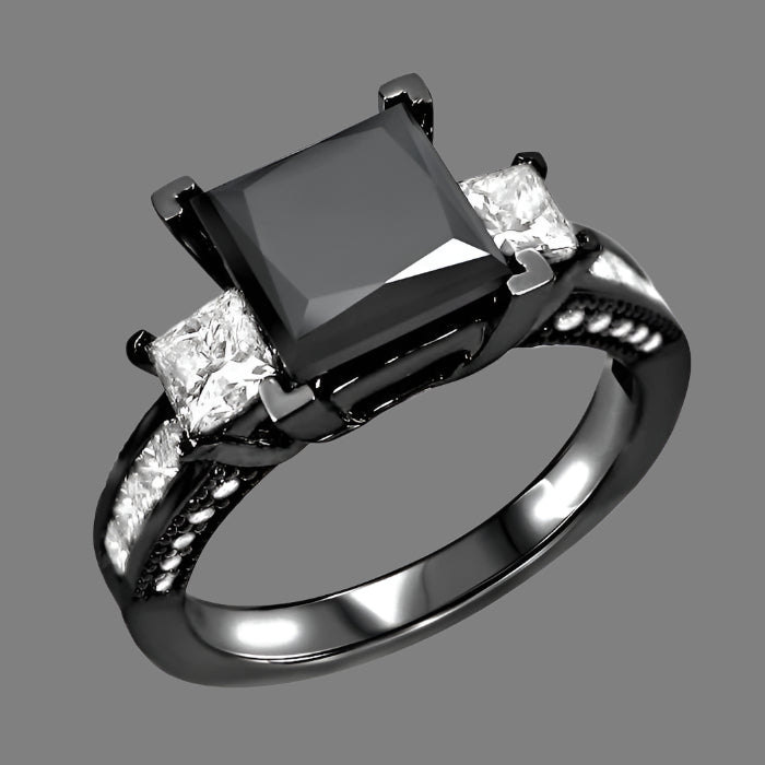 3.56 Carat Black 3 Stone Princess Cut Diamond Engagement Ring 14K Black Gold