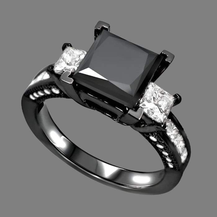 3.56 Carat Black 3 Stone Princess Cut Diamond Engagement Ring 14K Black Gold