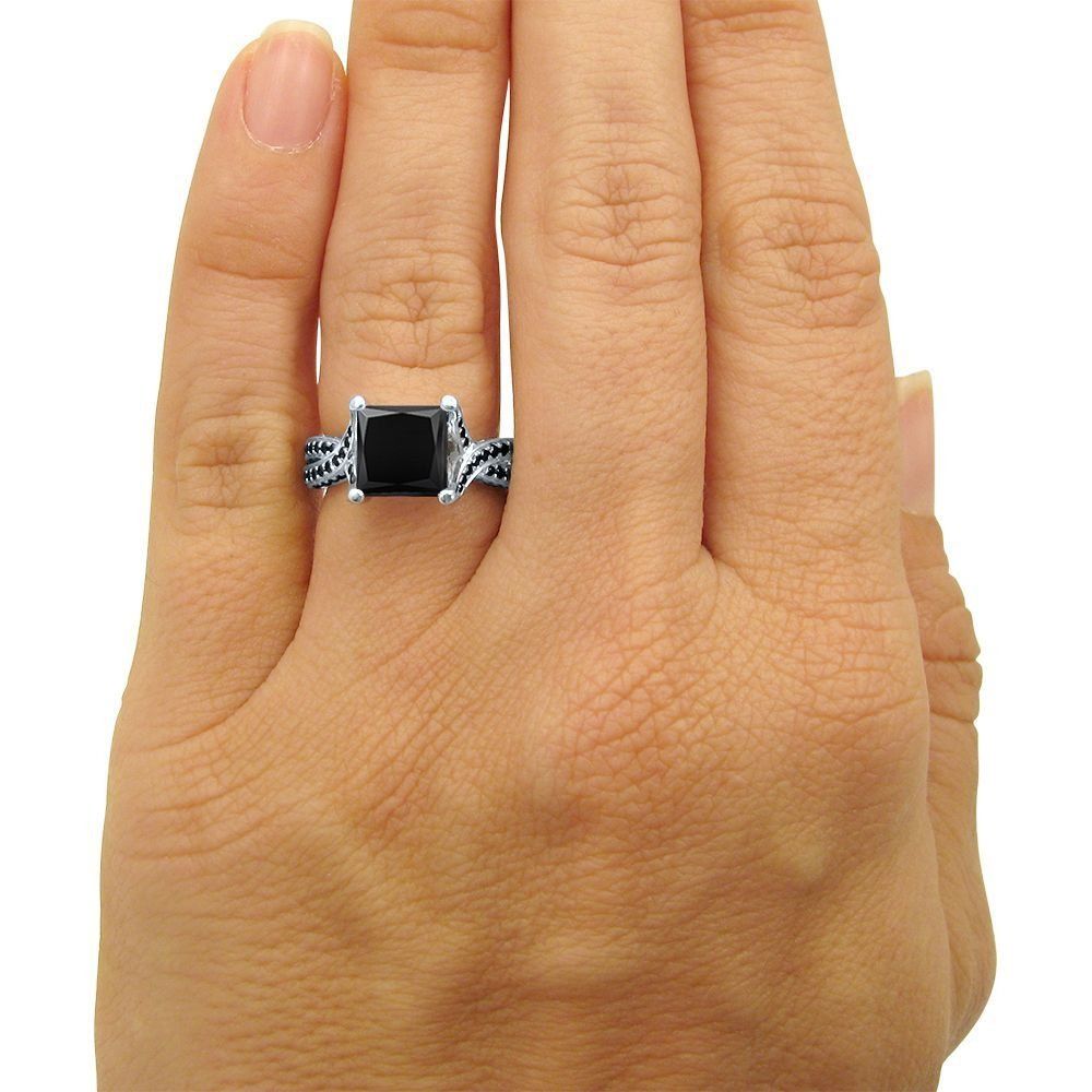 4 Carat Black Princess Cut Diamond Engagement Ring 14k White Gold