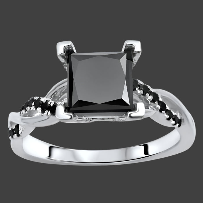1.70 Carat Black Princess Cut Diamond Engagement Ring Bridal Set 14K White Solid Gold