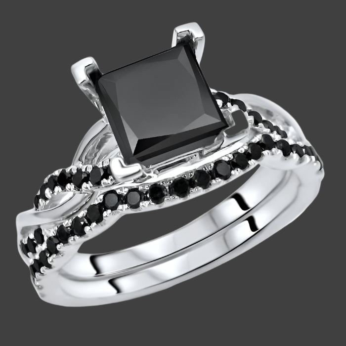 1.70 Carat Black Princess Cut Diamond Engagement Ring Bridal Set 14K White Solid Gold