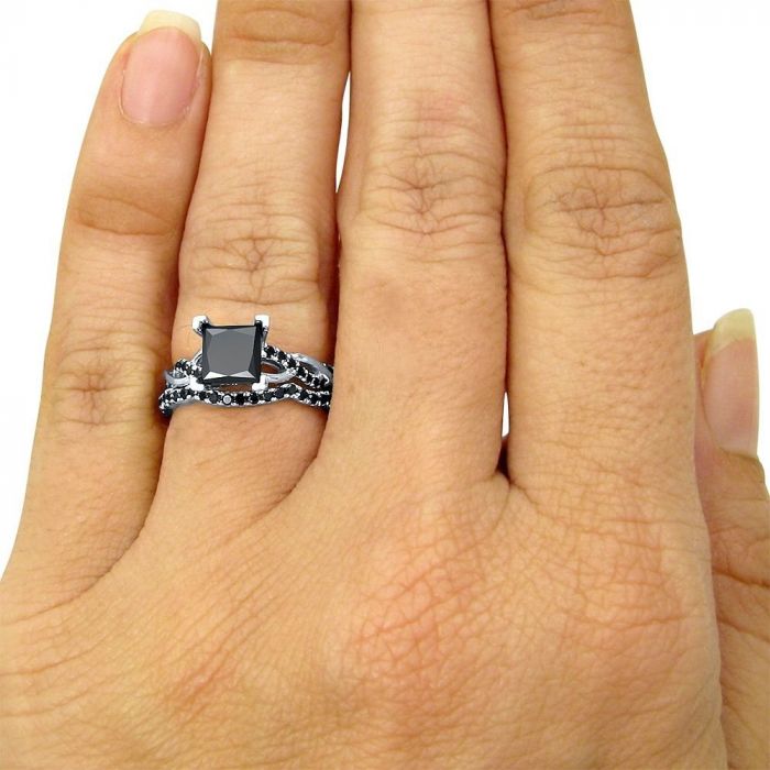 1.70 Carat Black Princess Cut Diamond Engagement Ring Bridal Set 14K White Solid Gold