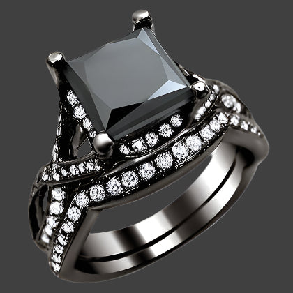 2.50 Carat Black Princess Cut Diamond Engagement Ring Bridal Set 14k Black Gold