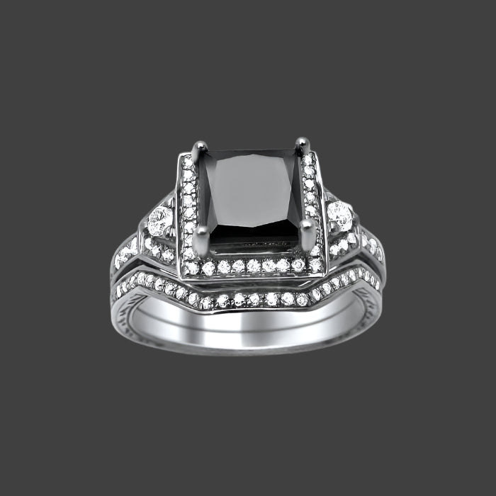 Black Princess Diamond Engagement Ring Bridal Set 14K White Solid Gold