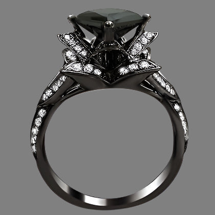 2.50 Carat Black Princess Cut Lotus Flower Diamond Engagement Ring 14K Black Gold