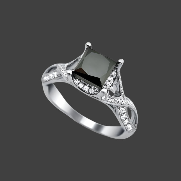 2.50 Carat Princess Cut Black Diamond Engagement Ring 14K White Gold